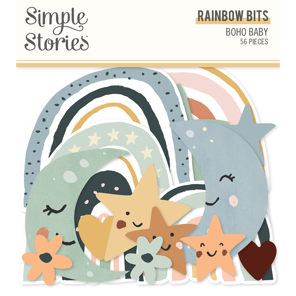 Pacote de recortes decorativos coloridos Simple Stories Rainbow Bits Boho Baby