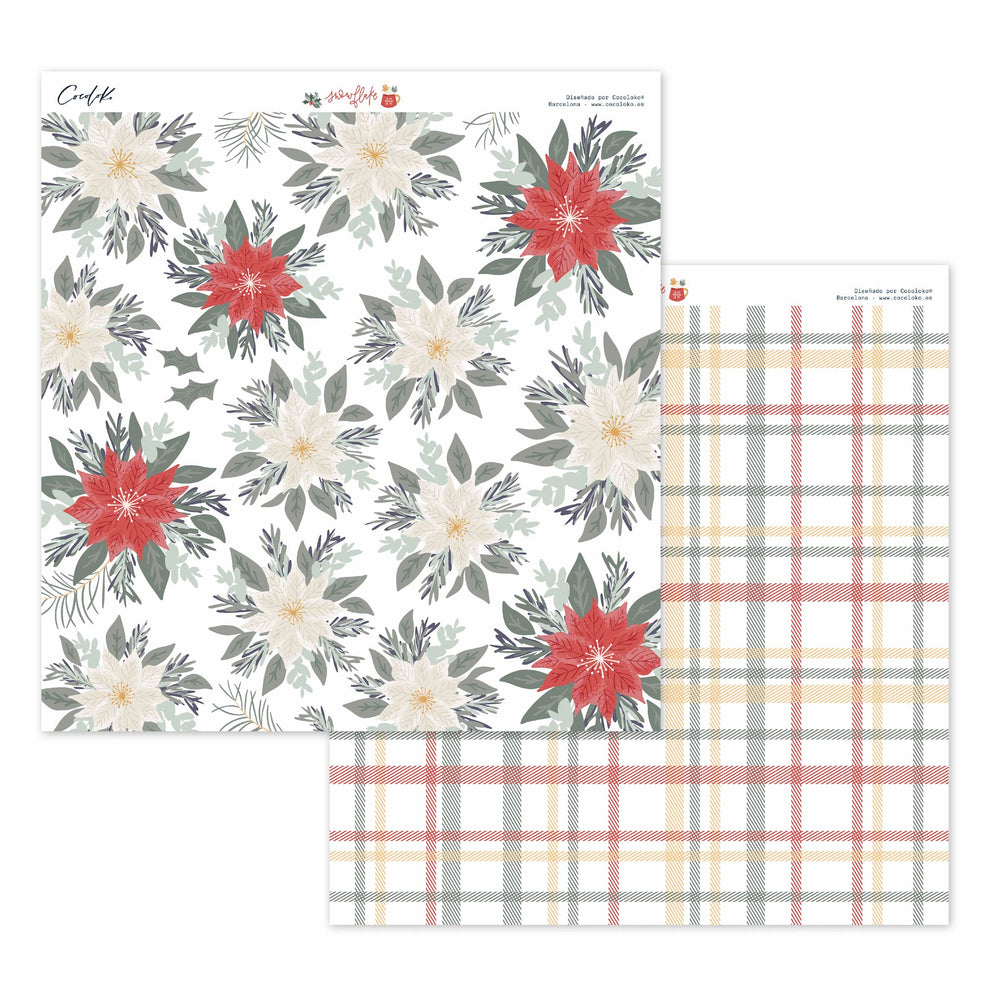 Papel decorativo com padrões natalícios de flores de poinsetia e xadrez colorido