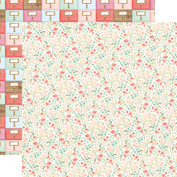 Padrões de papel com desenhos de caixas de arquivo e padrão floral em tons pastel