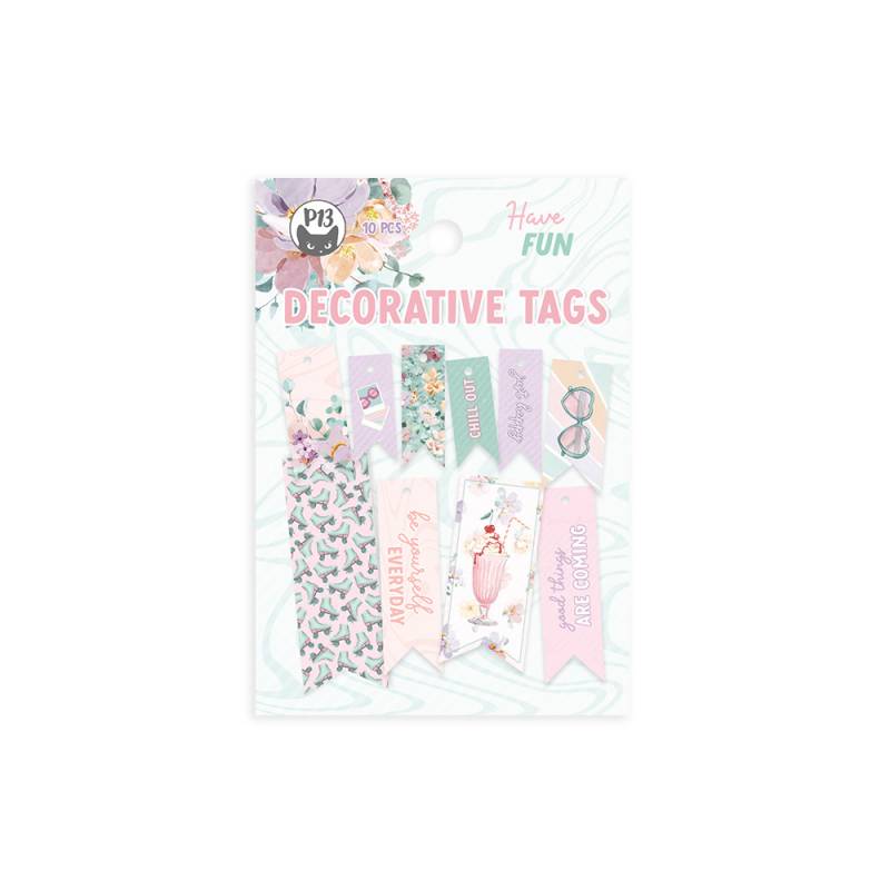 Pacote de etiquetas decorativas coloridas com desenhos e texto em inglês