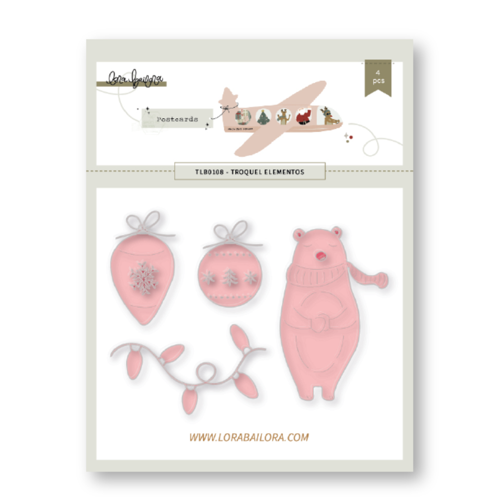 Conjunto de 4 troqueles rosa com tema de Natal e urso em embalagem branca