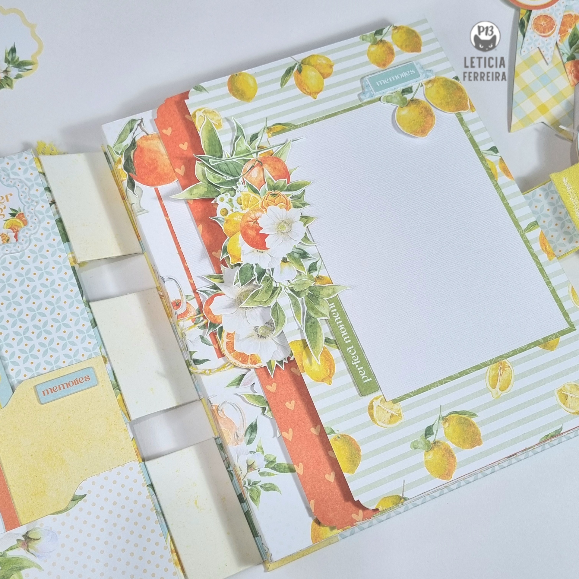 Página decorativa de scrapbook com frutas cítricas e texto MOMENTOS.