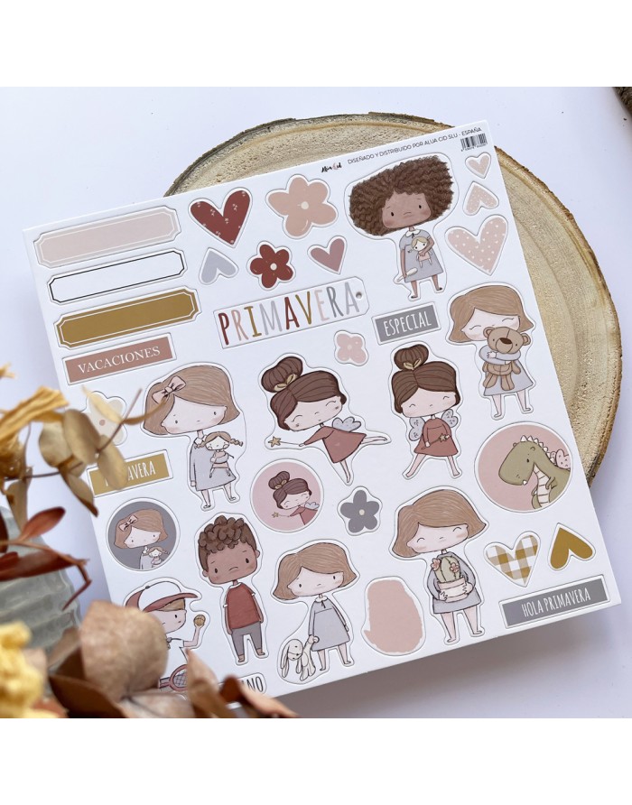 Folha branca com autocolantes de personagens femininas, corações, flores e textos em português em cores suaves.