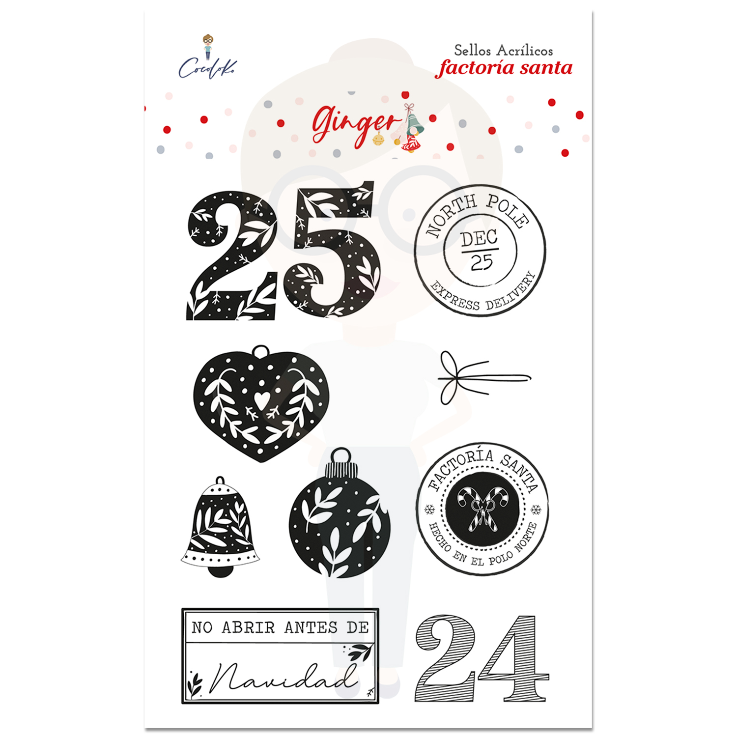 Conjunto de selos acrílicos natalícios com números, corações, sinos e carimbos em preto e branco