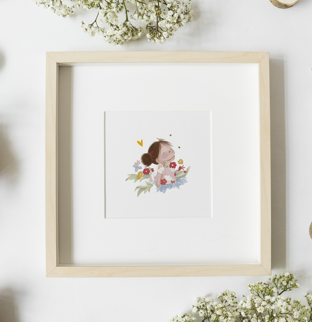 Quadro com ilustração de menina e flores em moldura de madeira clara