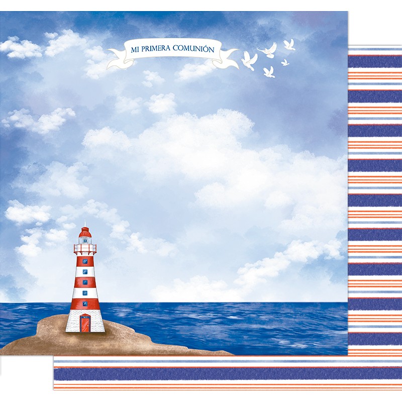 Papel decorativo com farol vermelho e branco, mar azul, céu com nuvens e texto 'MI PRIMERA COMUNIÓN' e padrão riscas coloridas.