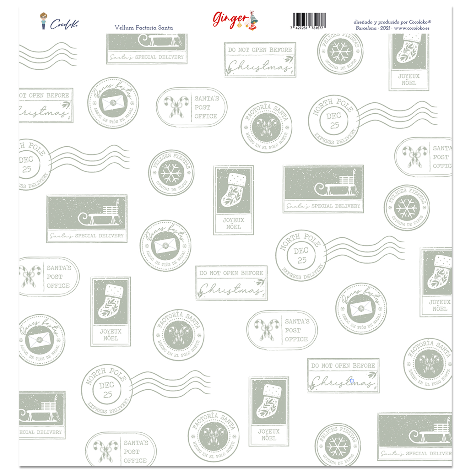 Papel de embrulho com padrão de selos postais e carimbos natalícios em cinza e branco