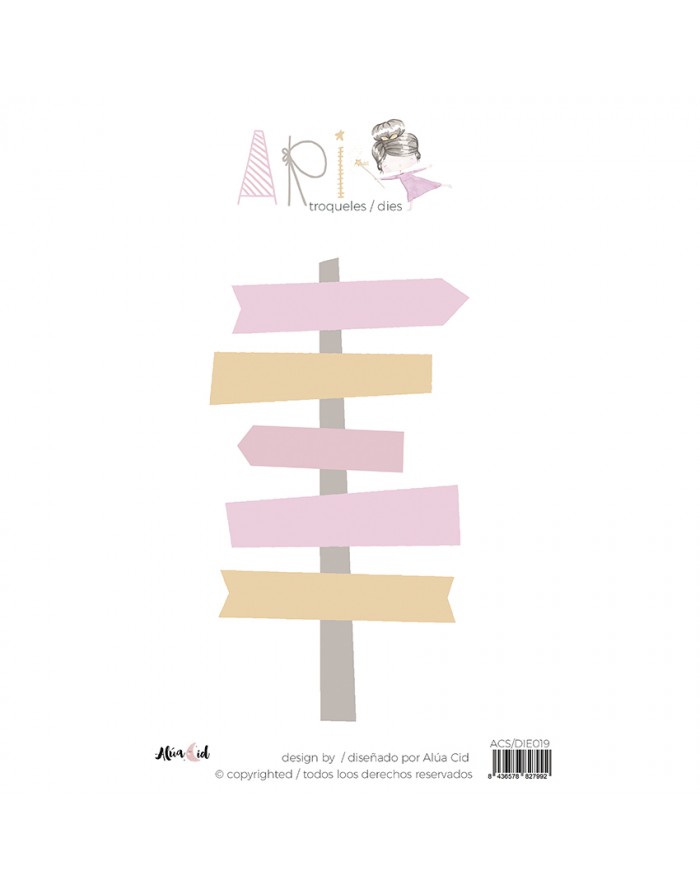 Molde de sinalização com setas em rosa e bege e texto em espanhol e português