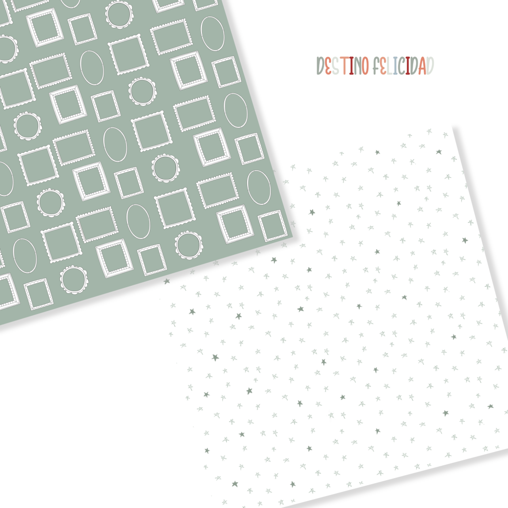 Dois papéis de embrulho com padrões geométricos e texto 'DESTINO FELICIDAD'
