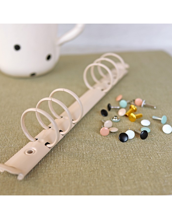 Anilha branca metálica com tachos coloridos ao lado sobre tecido verde.