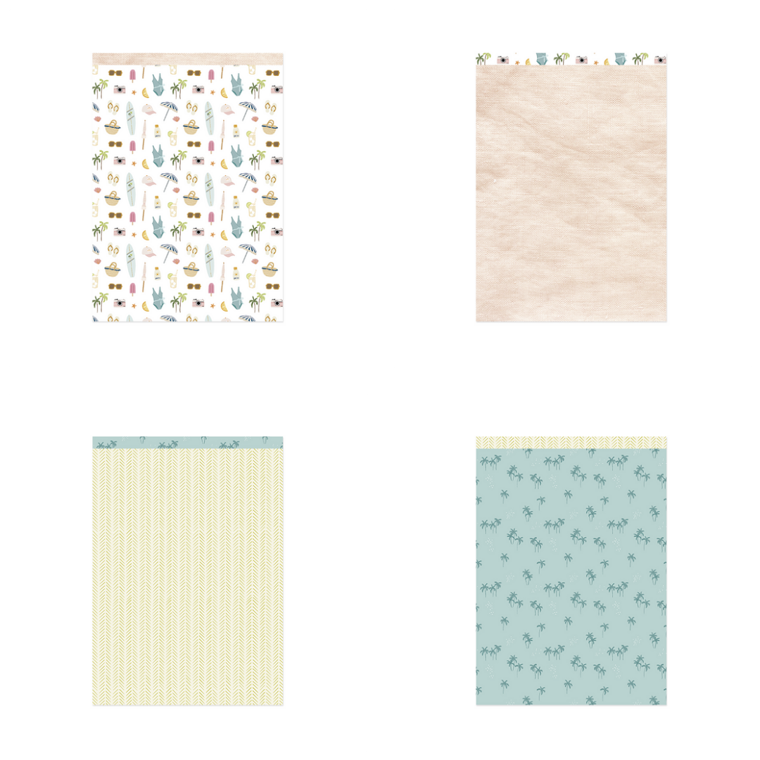 Quatro folhas de papel decorativo com diferentes padrões coloridos