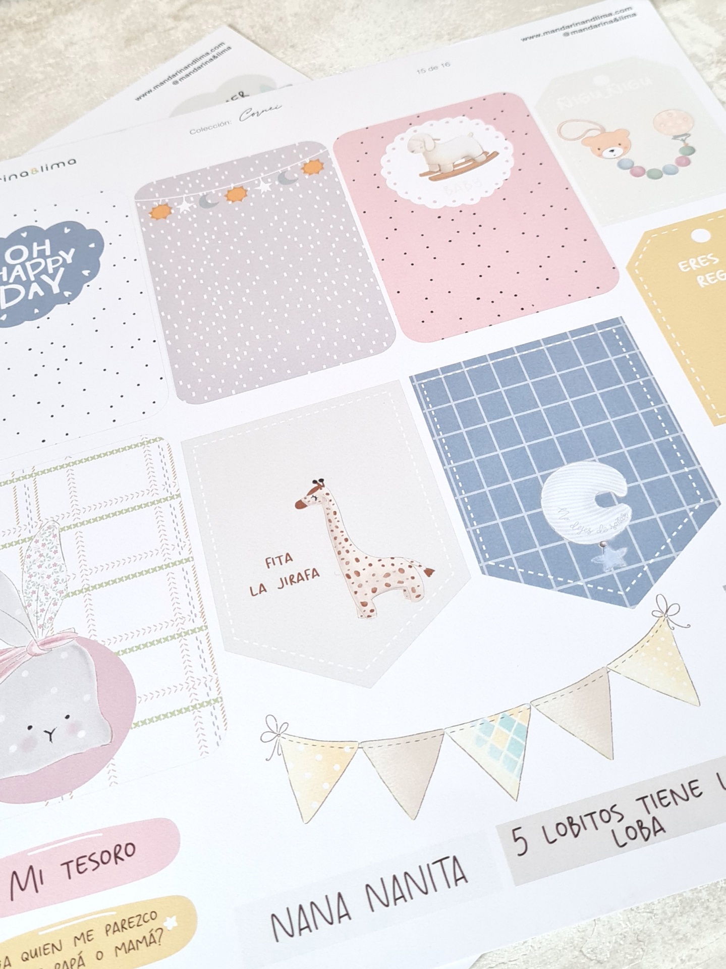Cartão decorativo infantil com desenhos de animais e textos em espanhol