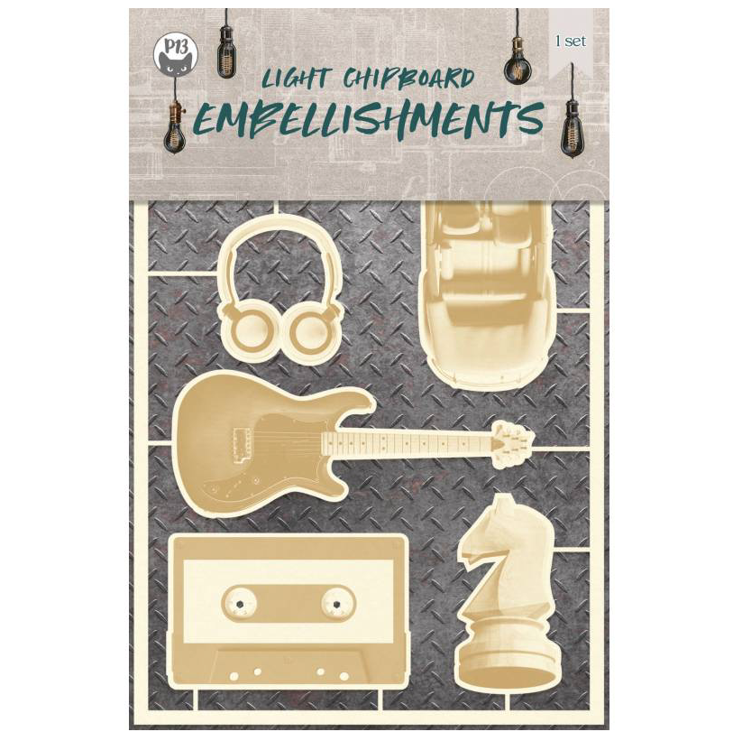 Emblemas de chipboard amarelos claros com formas diversas em embalagem