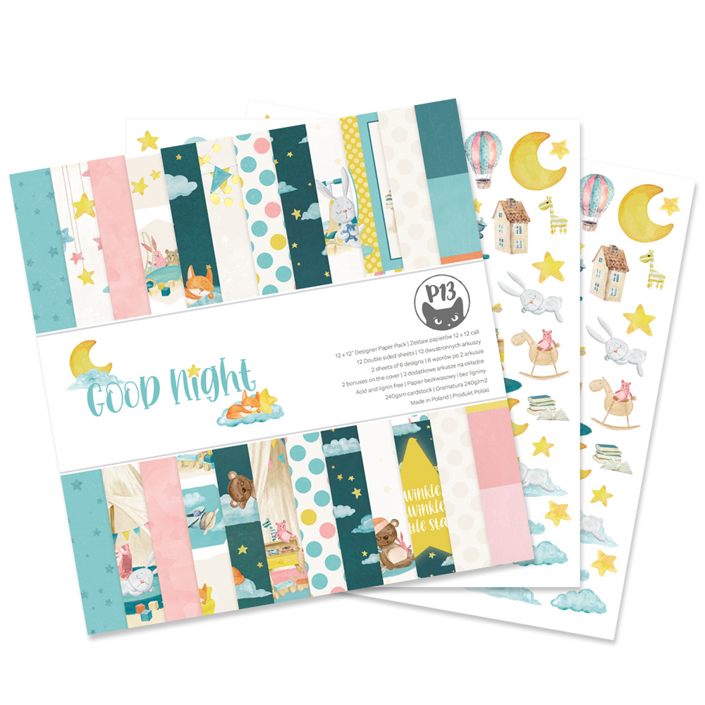 Papéis decorativos para scrapbooking com padrões infantis e texto good night.
