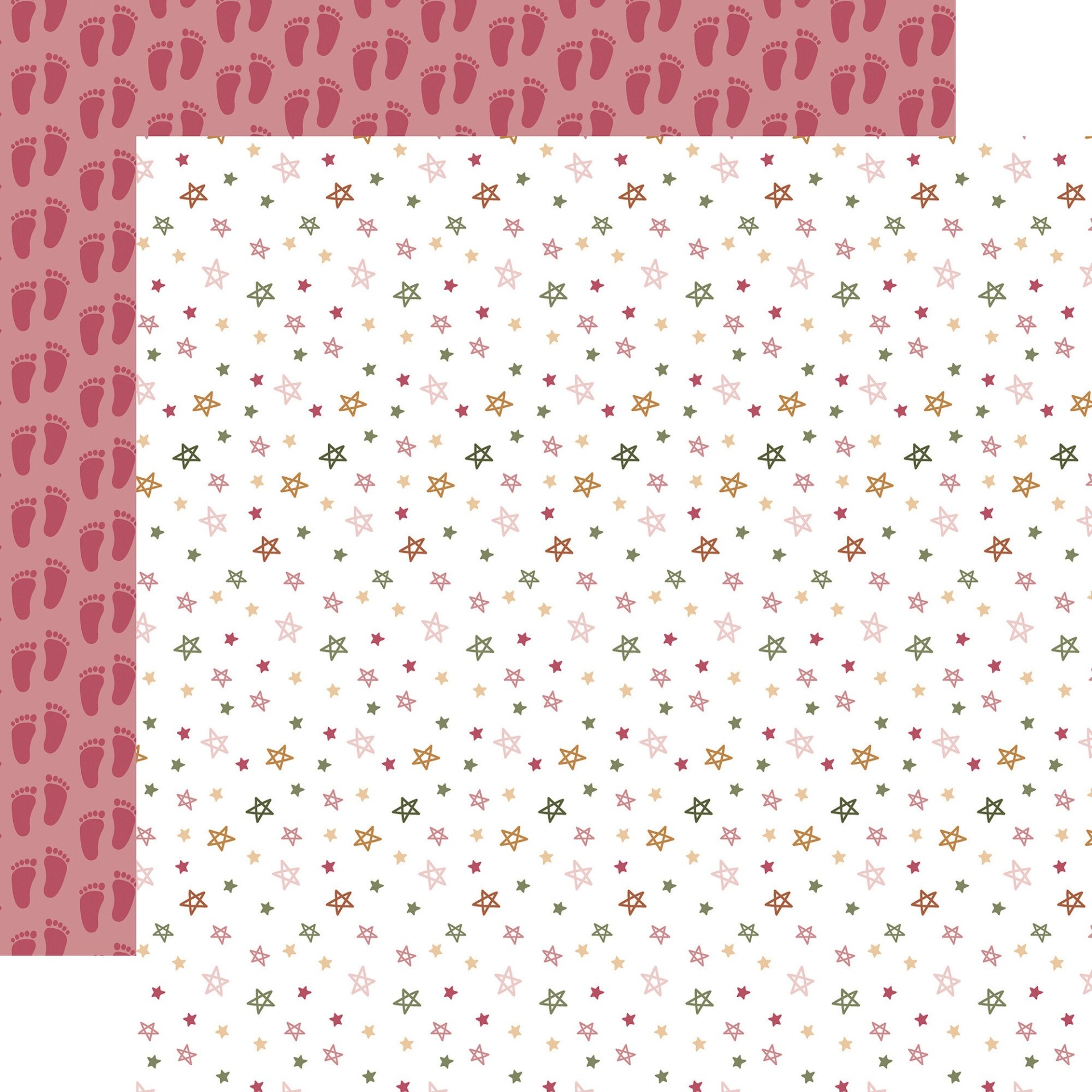 Papel de embrulho com estrelas coloridas e pés de bebé rosa.