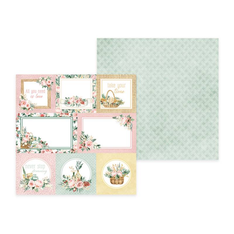 Papel de scrapbook com padrões florais e textos decorativos em tons pastel