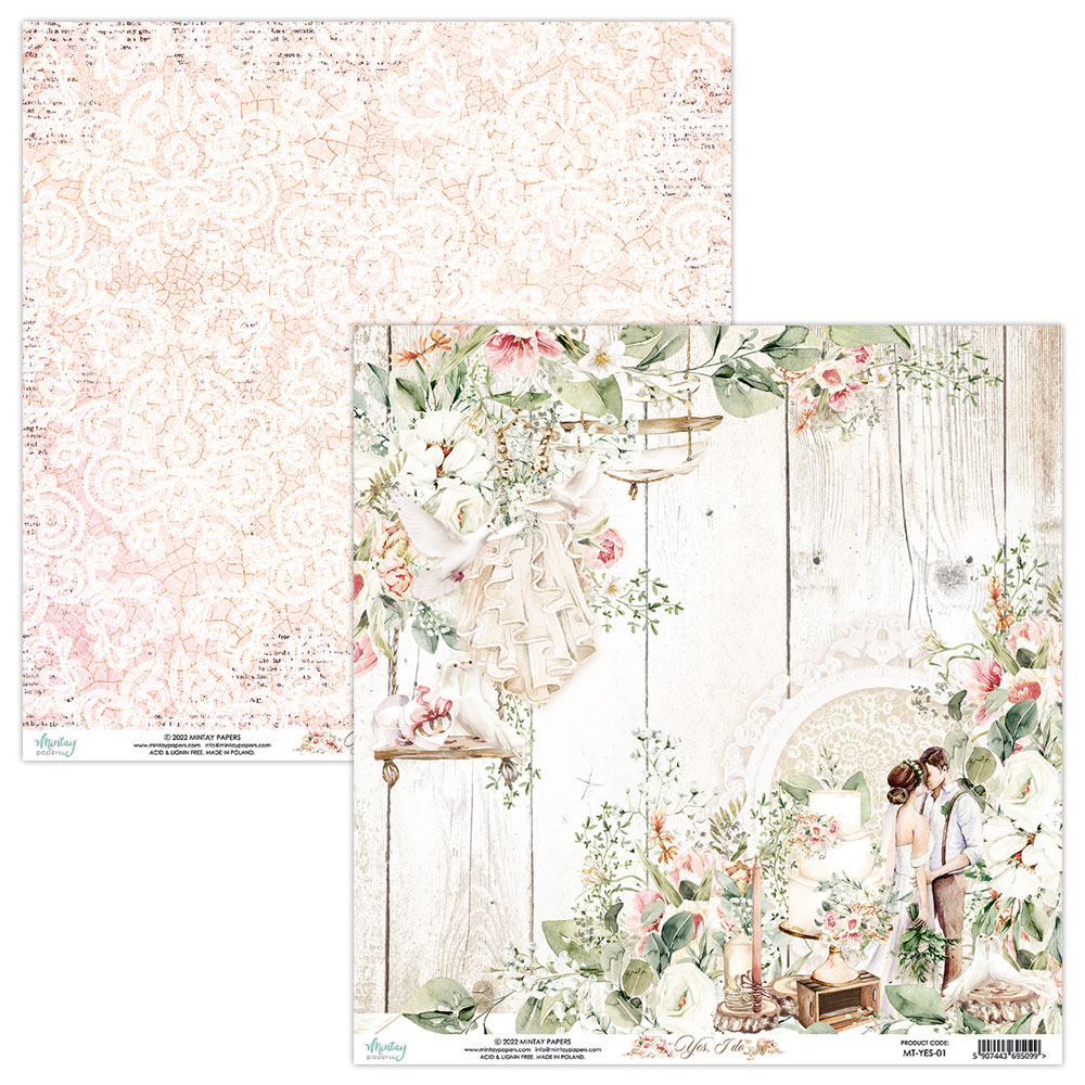 Folhas decorativas para scrapbook com padrões florais e ilustração de casal e elementos naturais