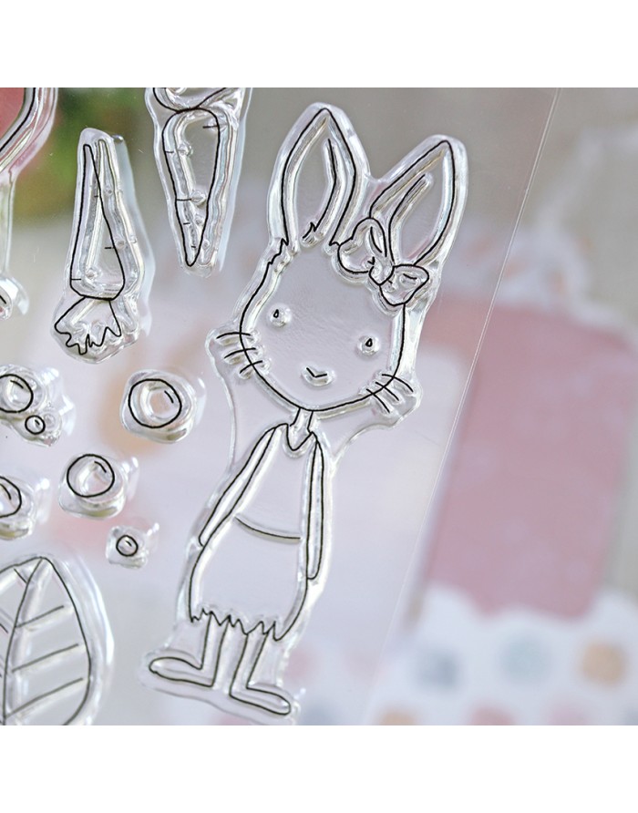 Selo transparente de silicone com desenho de coelha e acessórios pequenos