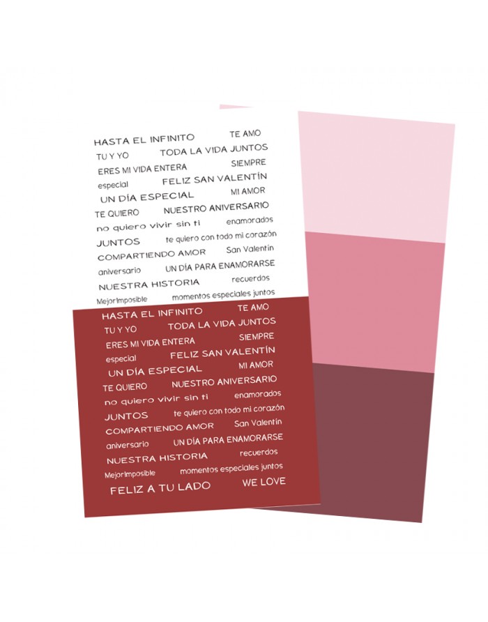 Cartões rosa e vermelho com frases em espanhol relacionadas com amor e celebração.