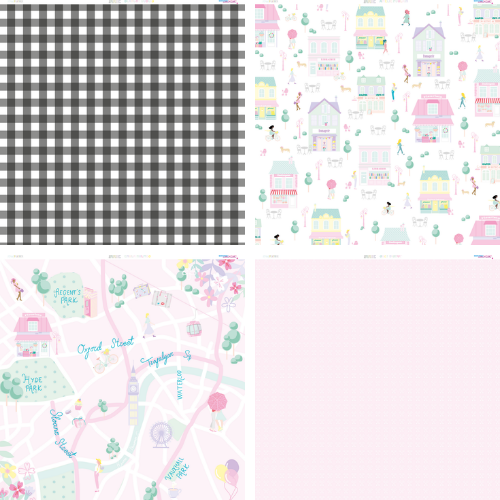 Quatro padrões têxteis coloridos: xadrez, casas em tons pastel, mapa estilizado e bolinhas brancas em fundo rosa