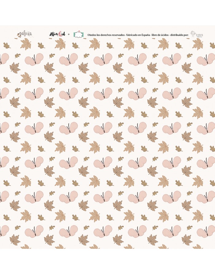 Papel de parede com folhas castanhas e corações cor-de-rosa em fundo branco