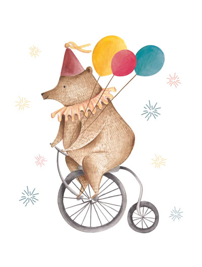 Ilustração de urso castanho com chapéu de festa e balões numa bicicleta vintage