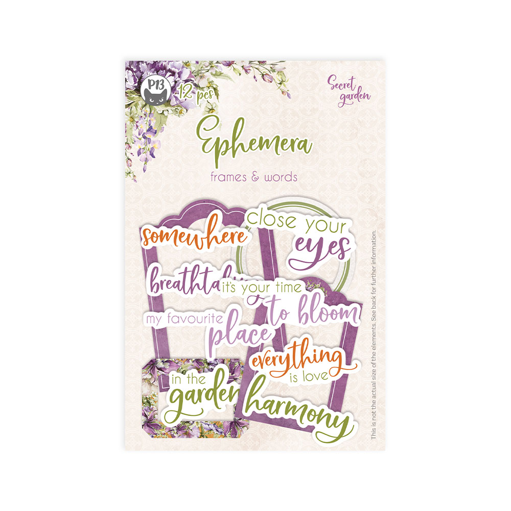 Pacote conjunto de ephemera floral com textos em inglês e decoração lilás e verde