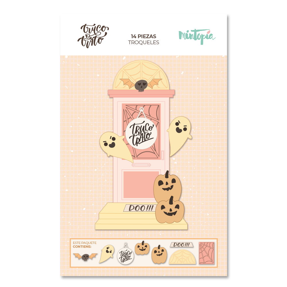 Embalagem de troqueles Halloween com porta decorada, fantasmas e abóboras