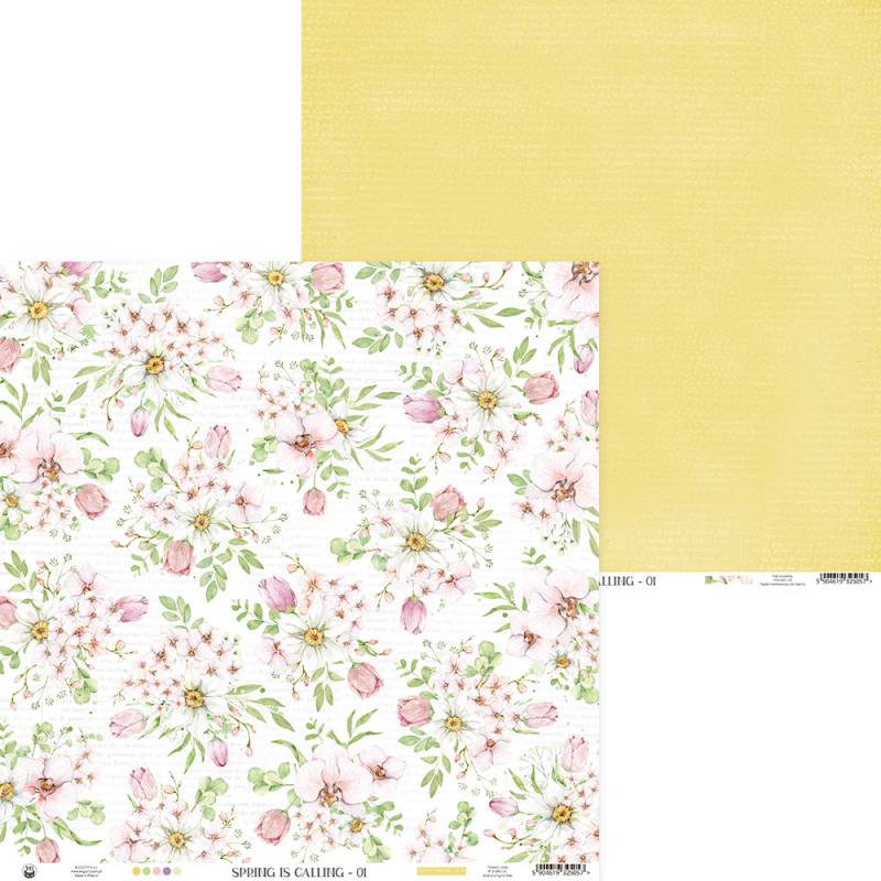 Folha dupla decorativa de scrapbook com padrão floral e verso amarelo sólido.
