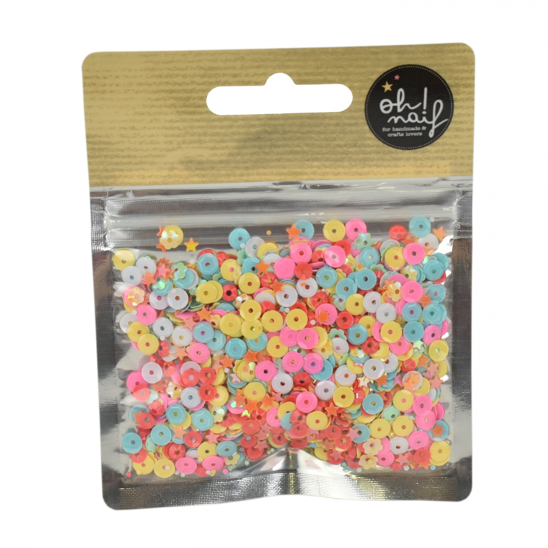 Pacote transparente com lantejoulas coloridas e aba superior castanha com etiqueta preta