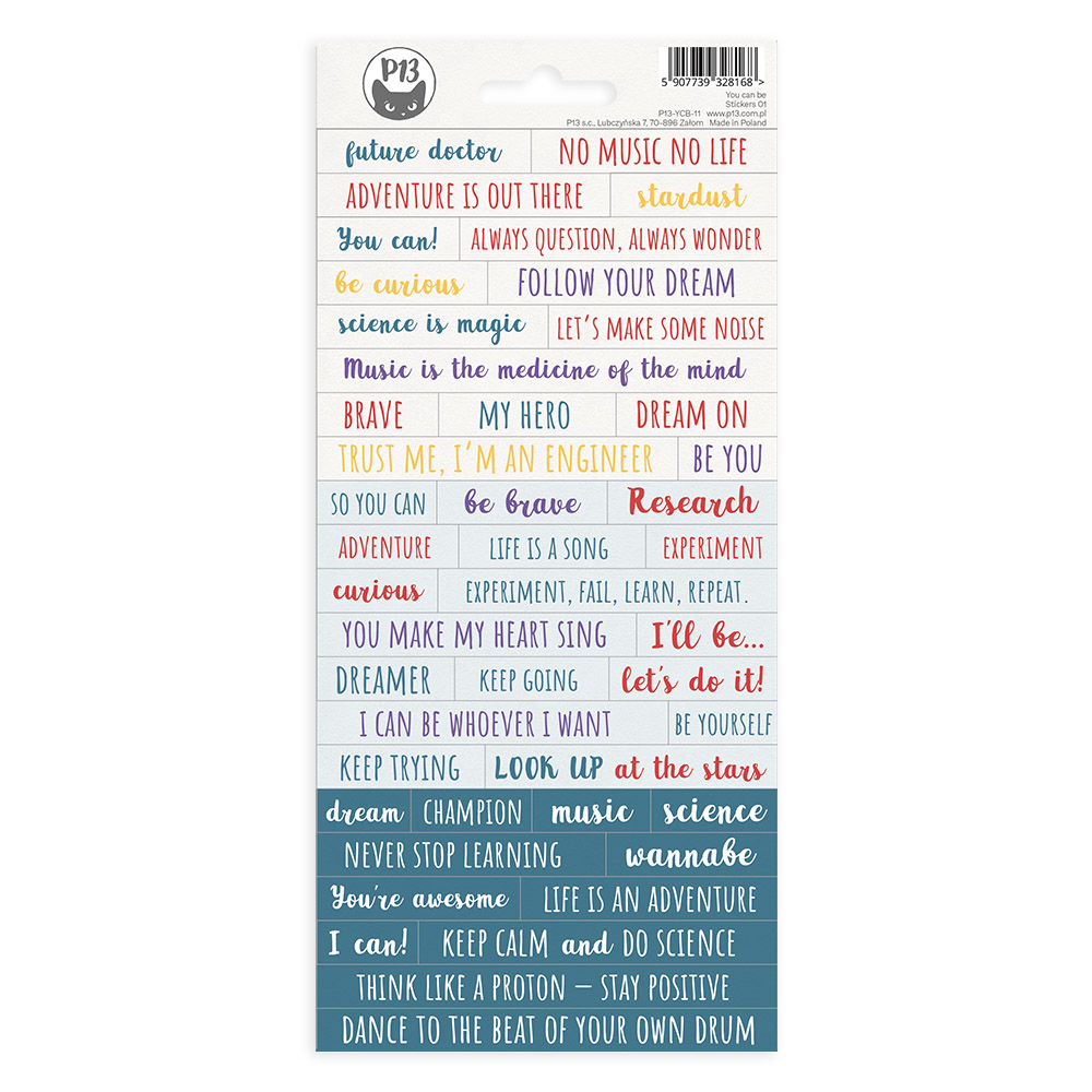 Folha de autocolantes com frases motivacionais coloridas e código de barras