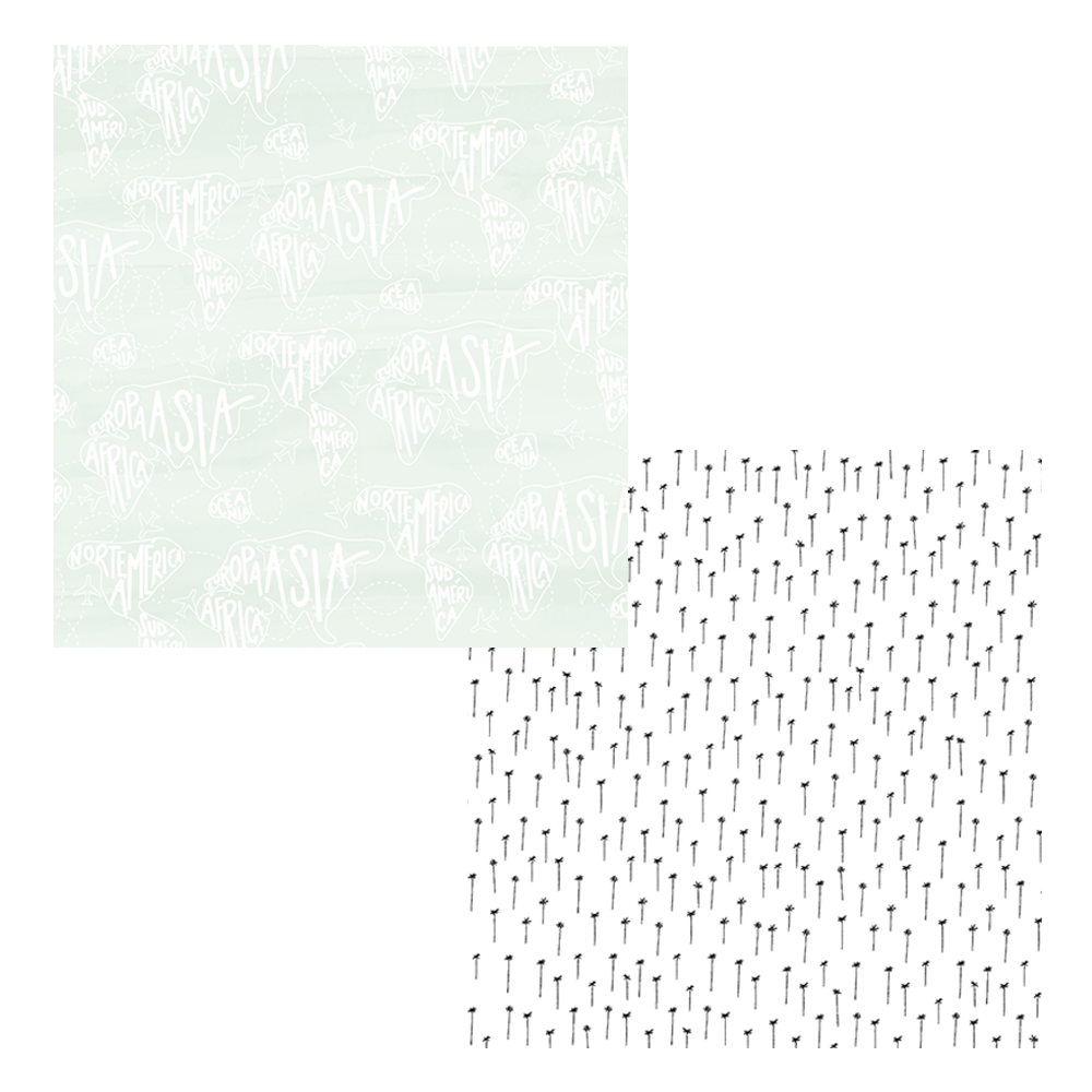 Dois padrões quadrados lado a lado, um verde claro com texto branco e outro branco com pequenas figuras pretas repetidas