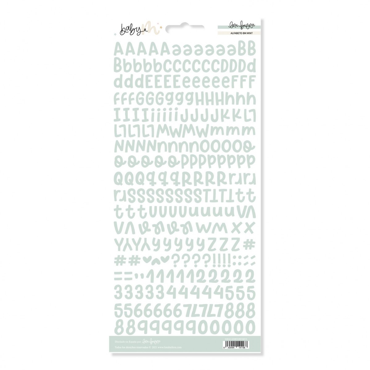 Folha de autocolantes com letras e números verdes claros em várias fontes e tamanhos.