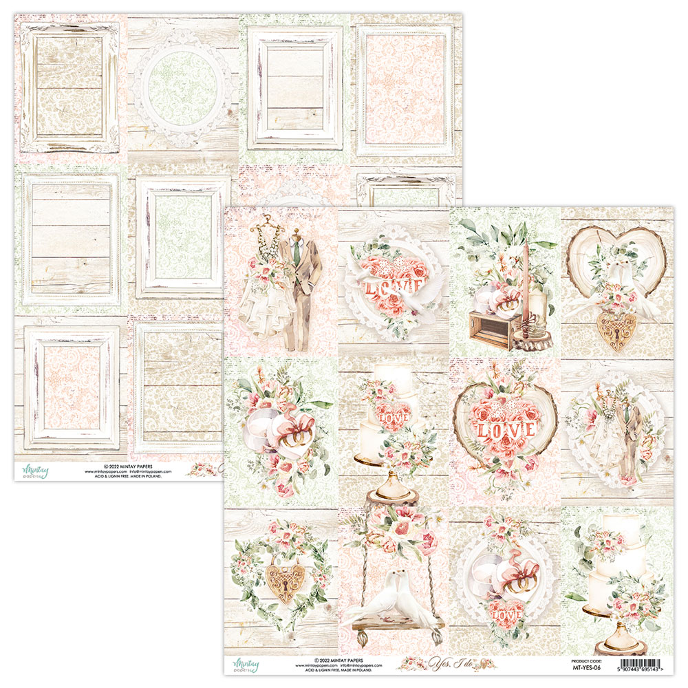 Papel decorativo vintage com molduras e imagens florais e corações