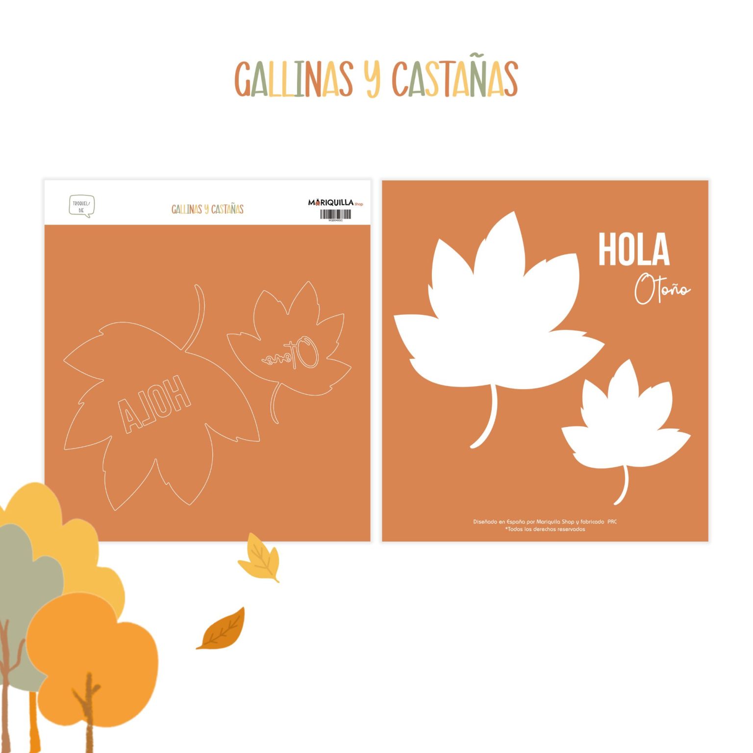 Imagens de produto com folhas brancas e texto HOLA Otoño em fundo castanho