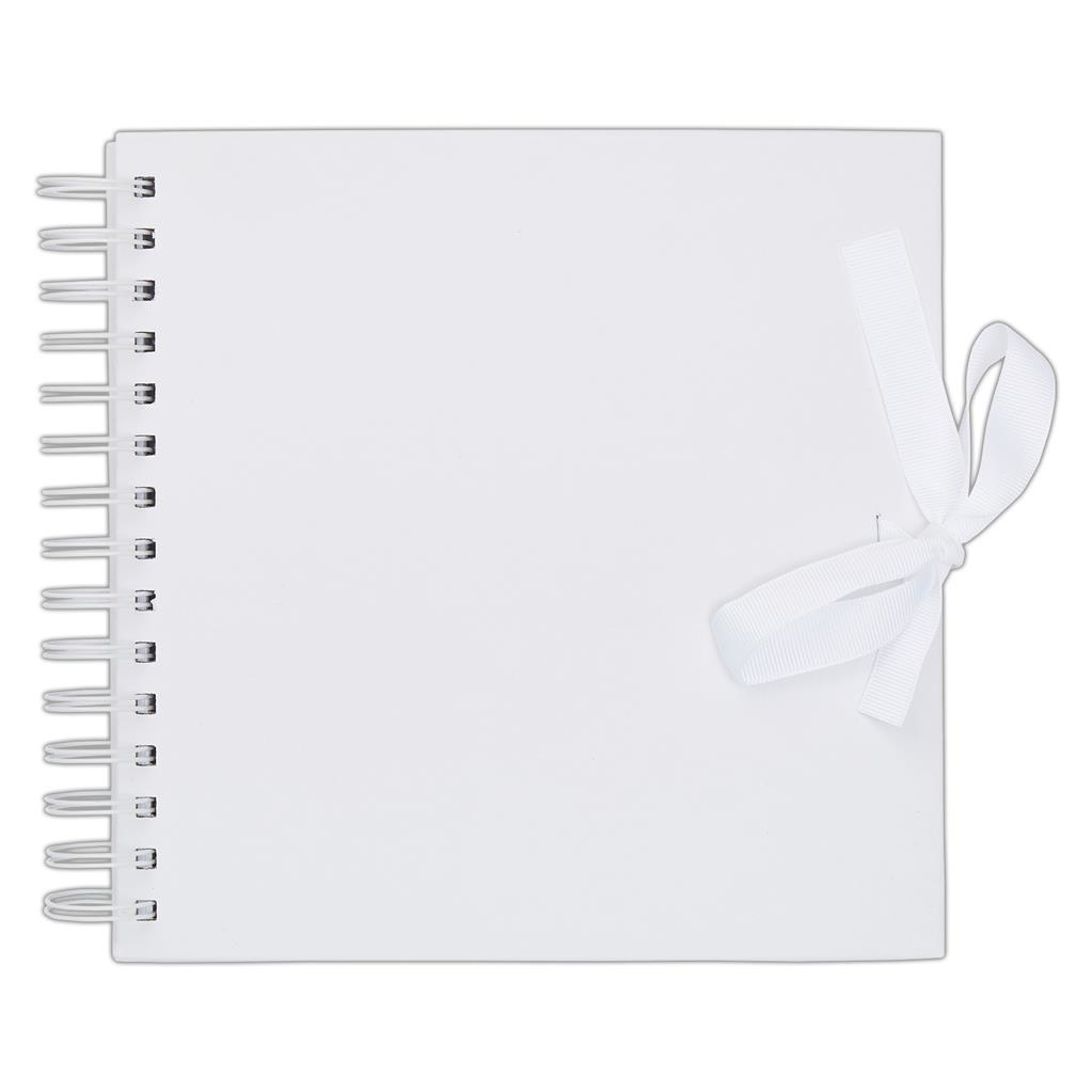 Caderno quadrado branco com laço e espiral branca