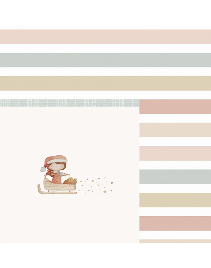 Papel de parede infantil com riscas coloridas e ilustração de criança em trenó