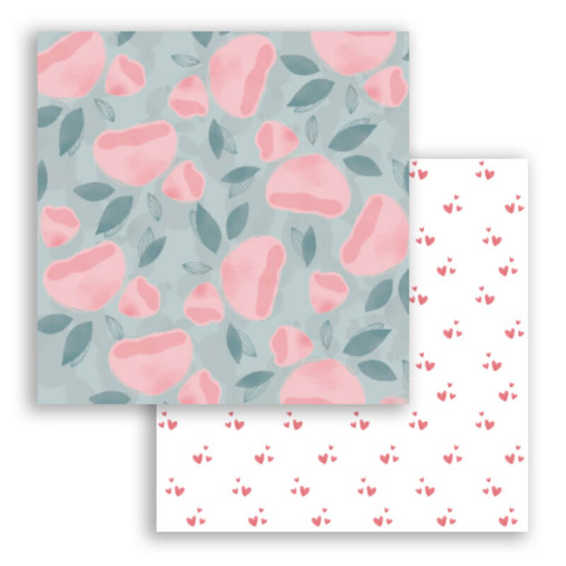 Papel de embrulho com padrão floral e pequenos desenhos vermelhos