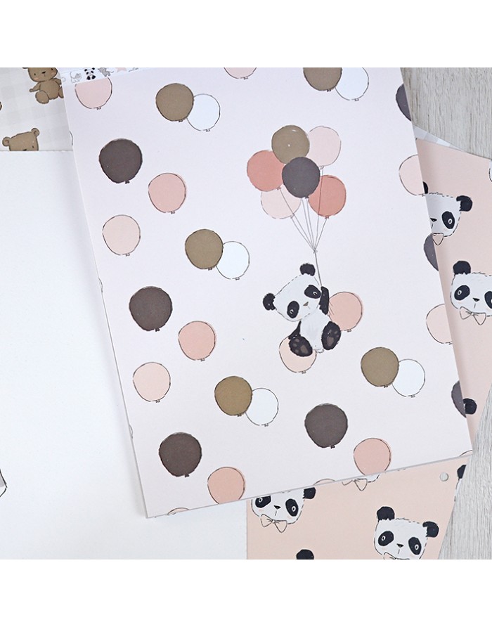 Papel decorativo com padrão de panda e balões coloridos