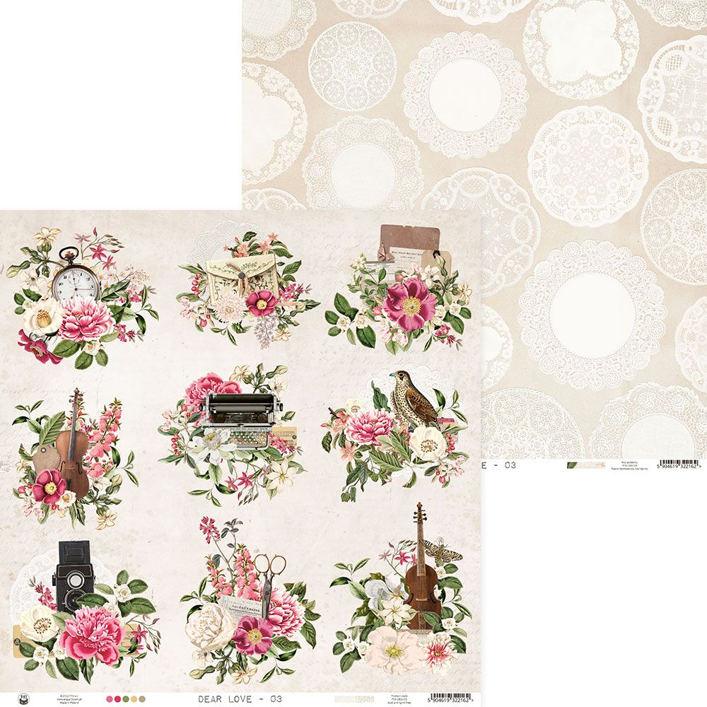 Papel para scrapbook com padrões vintage e flores rosa