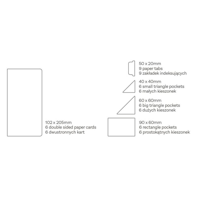Diagrama de cartões e bolsos indexadores de papel com várias dimensões e descrições em inglês e polaco