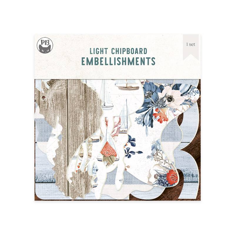 Conjunto de decorações em chipboard leve com padrões florais e texturas de madeira.