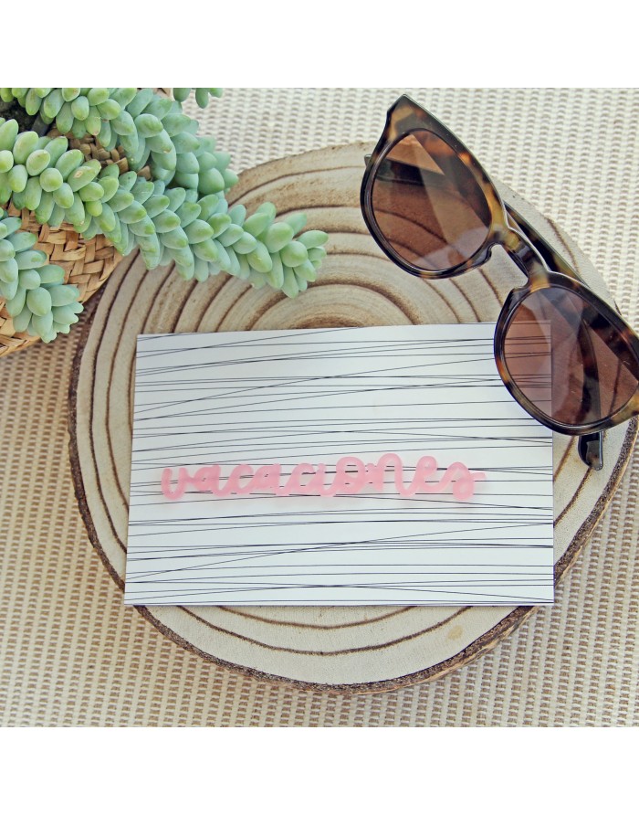 Óculos de sol sobre disco de madeira com planta suculenta e cartão decorativo com linhas e texto em rosa.