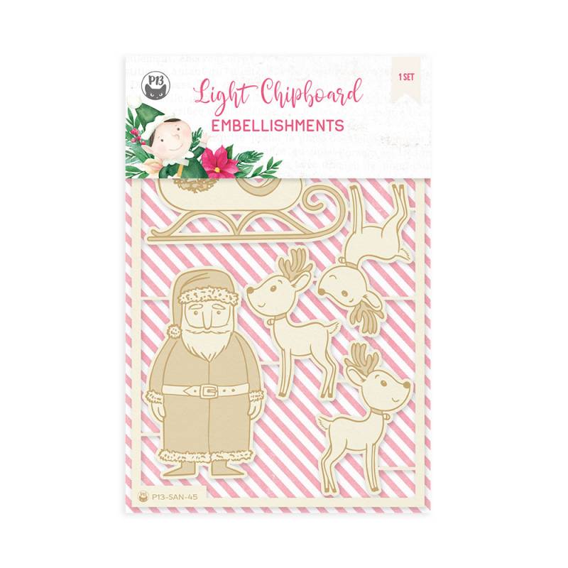 Enfeites de madeira clara com Pai Natal, trenó e renas em embalagem com etiqueta decorativa