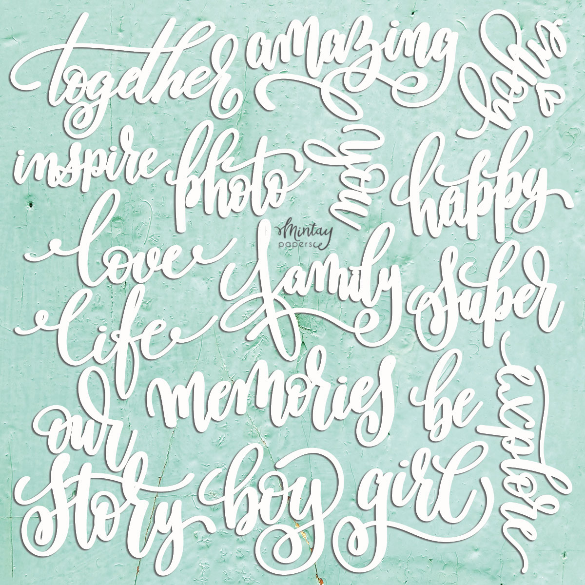 Palavras em caligrafia branca sobre fundo verde-azulado