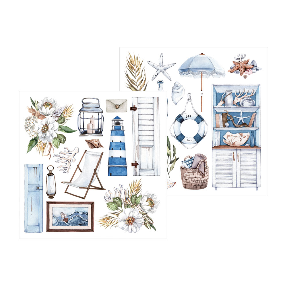 Ilustrações de motivos marítimos e florais em tons azuis, castanhos e brancos