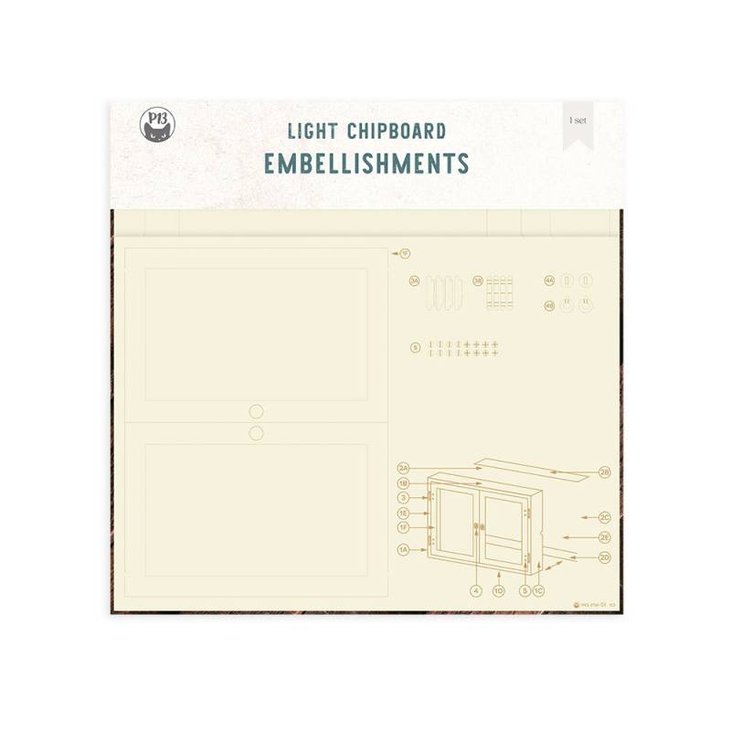 Produto em papelão claro com desenhos técnicos e embalagem com texto LIGHT CHIPBOARD EMBELLISHMENTS