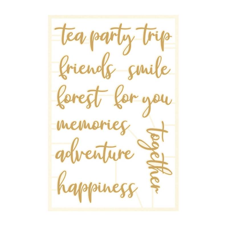 Placa decorativa branca com palavras douradas escritas à mão