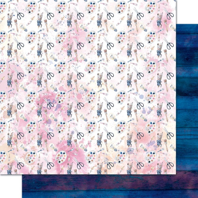 Folha dupla-face de papel decorativo com padrão de utensílios de costura e padrão abstrato azul