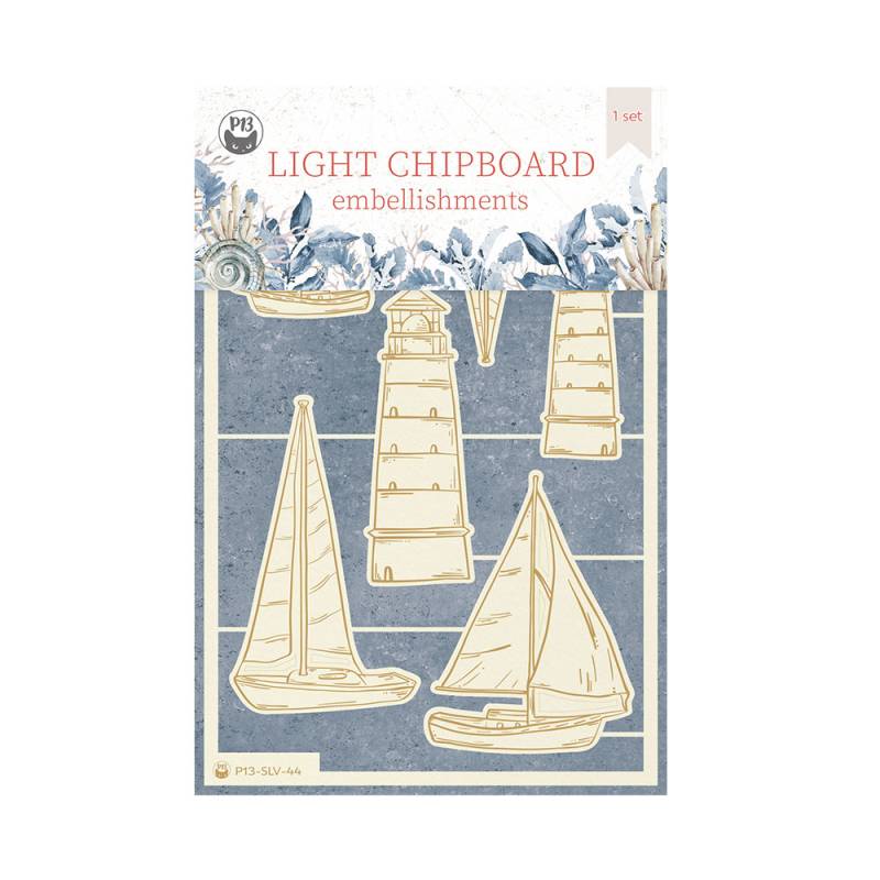 Ornamentos de chipboard leve em formas de veleiros e lighthouses, embalagem com texto LIGHT CHIPBOARD embellishments